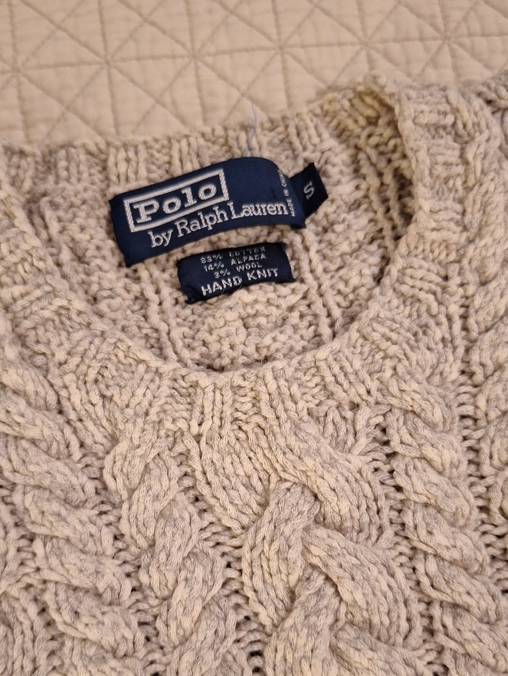 Polo by Ralph Lauren Oatmeal colored Cable Hand Knit, Crewneck Sweater.